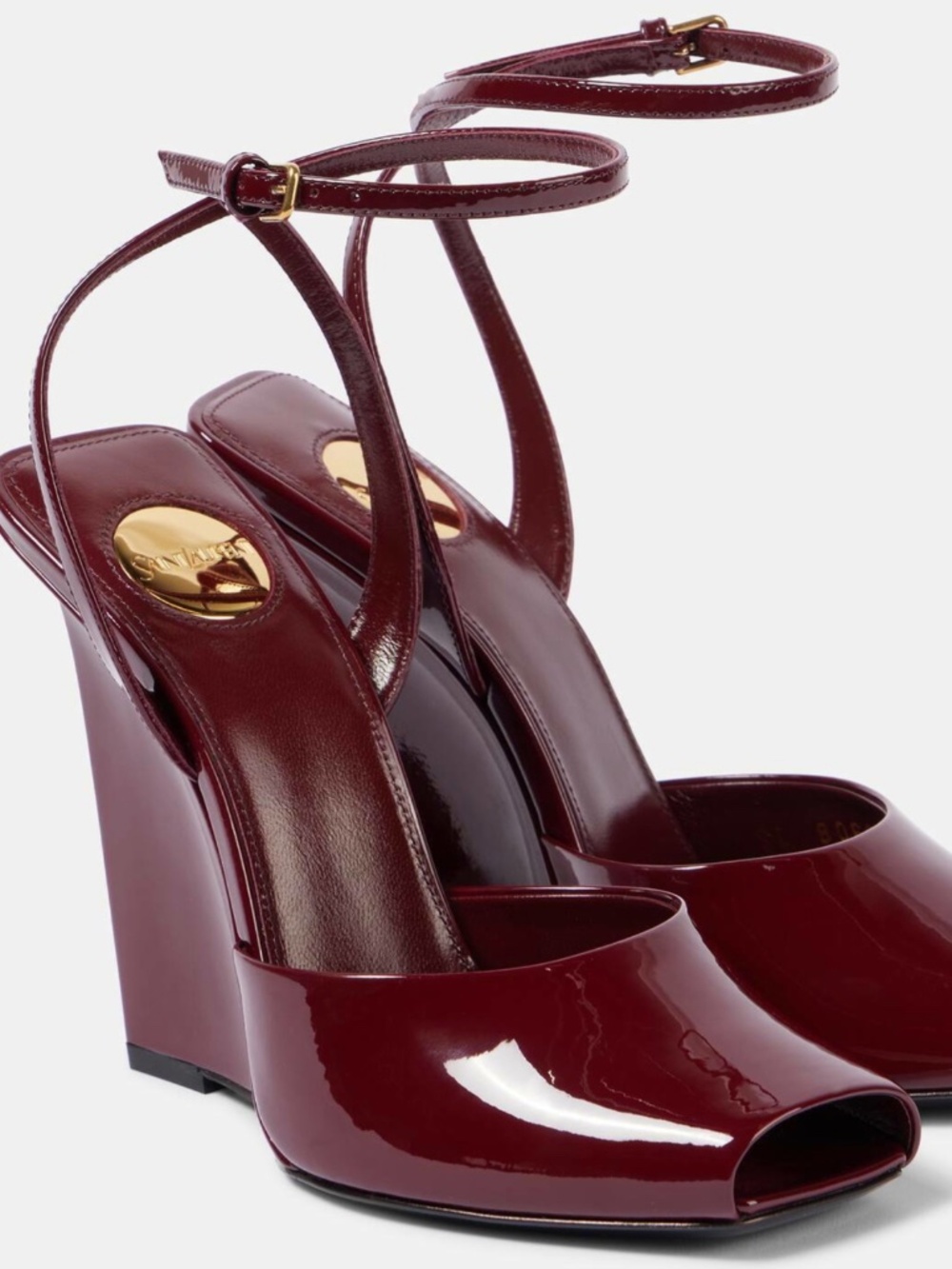 Saint Laurent YSL La Scandale Runway Burgundy Peep Toe Patent Wedge Pumps